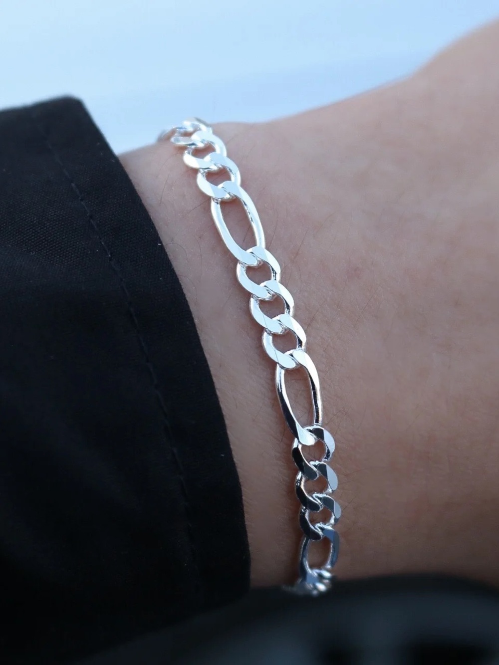 Thick Figaro Chain Link Bracelet Silver